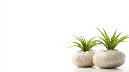 Two spider plants growing in white stone pots on a white background create a minimalist and serene atmosphere