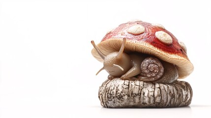 Obraz premium Brown garden snail resting under a red mushroom cap on a piece of wood, isolated on white