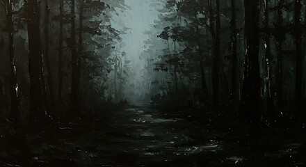 Mysterious Forest Path: A captivating artistic composition depicting a path through a shadowy forest, where an aura of fog unveils an enigmatic journey.