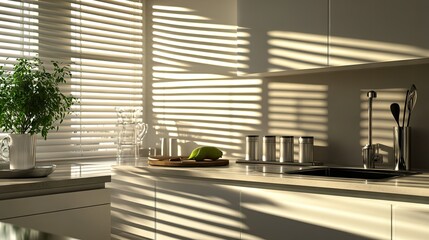 Minimalist kitchen space with aluminum blinds casting shadows over the countertop