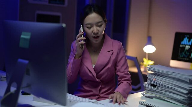 A woman in a pink suit is talking on her cell phone while sitting at a desk with stacks of papers