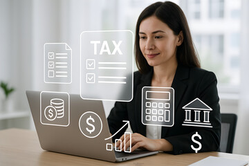 Tax Filing and Financial Management Concept. Businessperson using laptop with digital tax and finance icons, representing electronic tax filing, compliance, calculation, taxation, and fiscal planning.