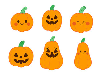 Set of cute Halloween pumpkins with smiling faces vector illustration. Flat pumpkin icons for Halloween, autumn decor, and children’s designs.