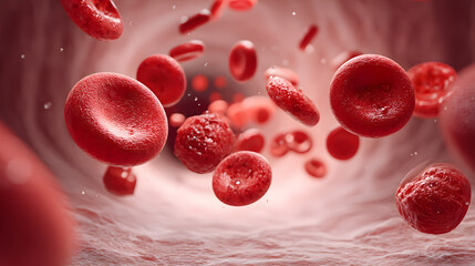 Fototapeta premium Medical visualization of red cells circulating in artery with fluid dynamics.
