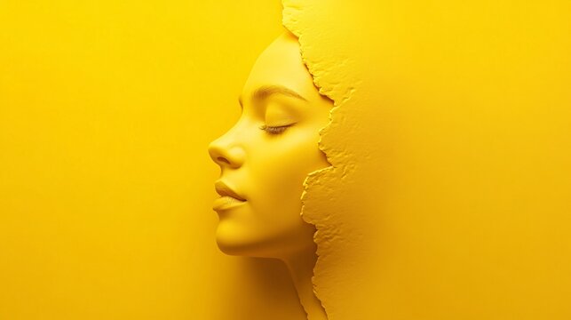 Profile of a woman with yellow skin and closed eyes emerging from a yellow wall