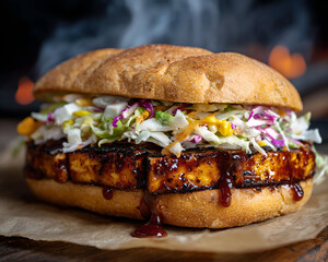 Crispy BBQ tofu sandwich with slaw and sauce
