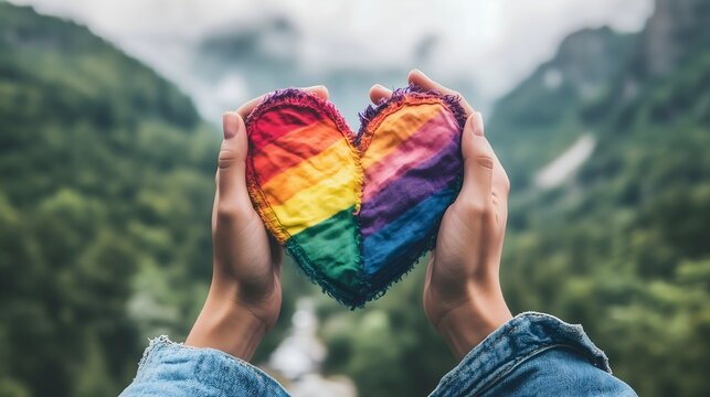 Hands create a heart sign with a rainbow flag while celebrating diversity during Pride Month in a scenic outdoor location