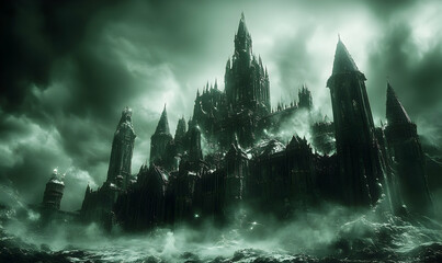 Dramatic gothic castle in an eerie green fog under turbulent skies, evoking a sense of foreboding and mystery