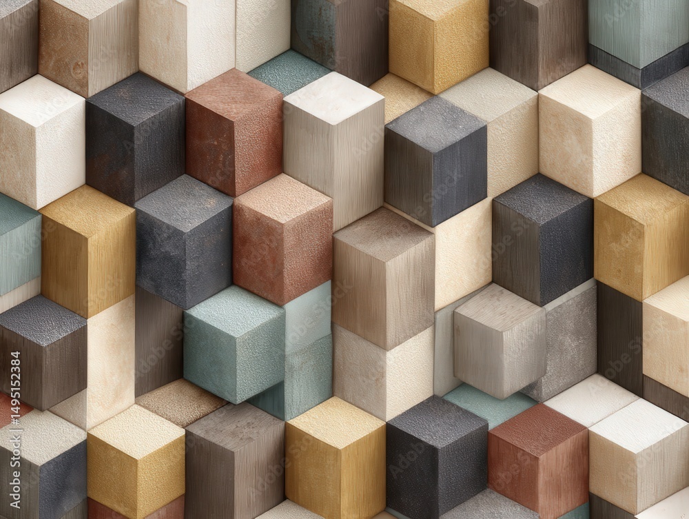 Wall mural geometric cube tiling pattern in beige and grey tones