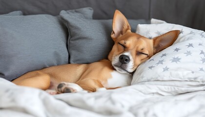 A sleeping dog is resting on a soft bed of pillows