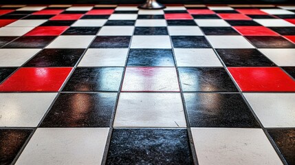 Retro diner scene with black and white checkered floor tiles and vibrant red accents