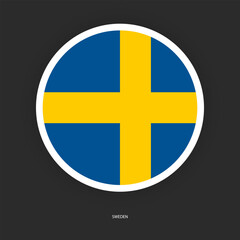 Sweden circle flag icon with shadow on dark background. Sweden button icon with white border isolated dark grey background	