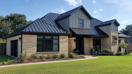 Obraz premium Seamless transition from metal roof to siding on a stylish modern home with sharp geometry