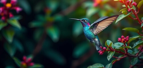 Naklejka premium A vibrant blue hummingbird hovering near green foliage, photography, bird photography