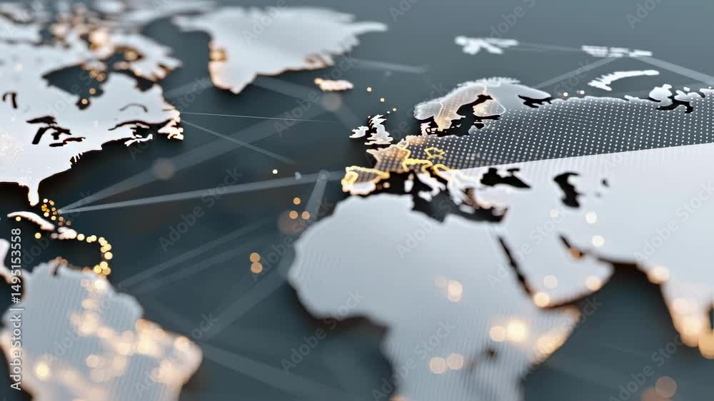 Poster a digital world map overlayed with interconnected lines where symbols of different languages and cul
