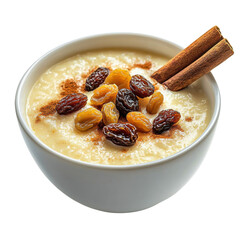 Creamy rice pudding topped with cinnamon, raisins, and a sprinkle of spice, served in a white bowl for an inviting dessert experience