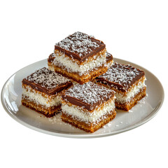 Delicious Layered Coconut Slices with Chocolate Glaze on a Plate, Perfect for Dessert Lovers and Sweet Treat Enthusiasts, Ideal for Celebrations and Gatherings