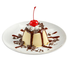 Creamy vanilla pudding dessert topped with chocolate sauce, whipped cream, cherry, and chocolate shavings on a white plate for a delicious treat
