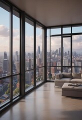 Fototapeta premium Sleek modern apartment, panoramic city view from large window , furniture, wood, bathroom