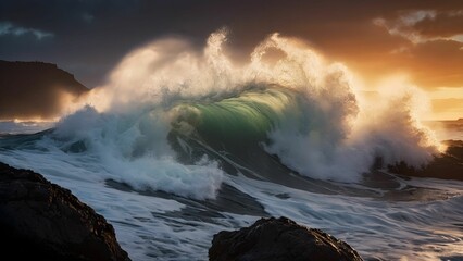 Dynamic summer waves crash against rocky shoreline under a stunning sunset backdrop with vibrant colors and dramatic sky display Generative AI