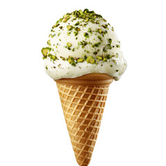 Creamy Pistachio Ice Cream in a Classic Waffle Cone Against a Clean Background, Perfect for Summer Treats and Dessert Photography