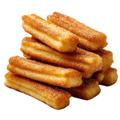 Delicious Traditional Churros Stacked on a White Background, Coated with Cinnamon Sugar and Ready to Be Enjoyed with Chocolate or Coffee