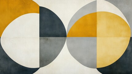 Abstract geometric artwork featu large overlapping circles in shades of white, black, gray, and mustard yellow creating a modern minimalism design