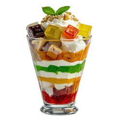 Colorful and Delicious Layers of Jelly, Whipped Cream, and Fruit in a Tall Glass Dessert for Celebrations and Refreshing Treats