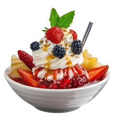 Delicious Ice Cream Sundae with Fresh Fruits and Whipped Cream in a White Bowl Garnished with Berries and Mint Leaves