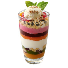Colorful Layered Dessert in a Clear Glass with Ice Cream and Toppings Perfect for Summer Treats or Special Occasions