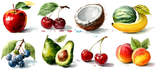 Watercolor set of fruits on a transparent background.