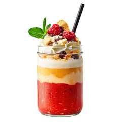 Colorful Layered Dessert in a Glass Jar with Whipped Cream, Fresh Raspberries, Mint, and Crunchy Toppings for a Refreshing Summer Treat