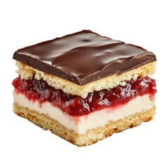 Delicious layered dessert with cream, jelly, and chocolate topping, featuring a rich texture and vibrant colors, perfect for sweet treats and celebrations