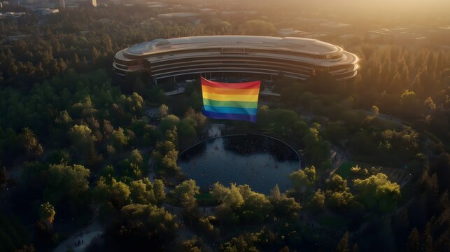 Rainbow flag proudly flies over a serene pond in a vibrant park celebrating Pride Month and the spirit of diversity