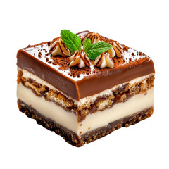 Delicious Chocolate Cake Slice with Creamy Layers, Topped with Mint Leaves and Chocolate Swirls, Isolated on a White Background for Dessert Lovers