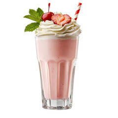 Refreshing Strawberry Milkshake with Whipped Cream, Cherry, Mint Leaf, and Striped Straw in a Classic Glass Cup on a Bright Background