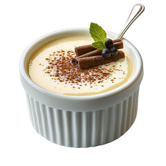 Creamy dessert with cinnamon sticks, dark berries, and mint garnish served in a white ramekin on a bright background for culinary delight