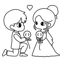 Wedding Proposal Couple with Bouquet SVG Icon – Cute Black Line Romance Vector