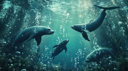 Fototapeta premium Underwater scene of seals and pup playing amidst kelp forest