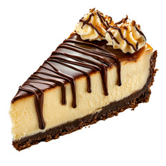 Delicious chocolate cheesecake slice topped with whipped cream and chocolate drizzle on a white background, perfect for dessert lovers and food photography