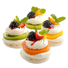 Colorful Dessert Cups with Whipped Cream, Fresh Fruits and Mint Leaves, Perfect for Celebrations and Special Occasions
