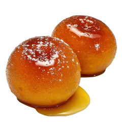 Golden Brown Sweet Treats with Glossy Glaze and Powdered Sugar on a White Background, Perfect for Culinary and Dessert Photography