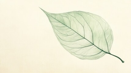 Hand-drawn botanical illustration of a single green leaf with detailed vein structure on a light background, natural plant artwork for botanical study