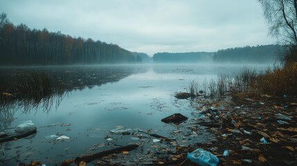 Trash and plastic waste partially submerged in murky, dirty lake water under overcast skies