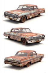 Three views of a rusty vintage car.  Multiple angles showcase the car's aged, deteriorated condition.  Visually striking imagery of a weathered classic