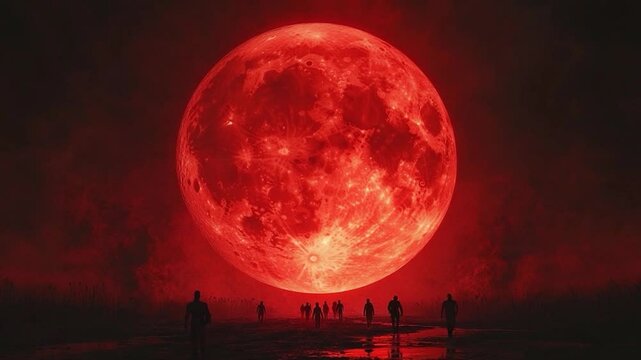 Red moon over dark shoreline