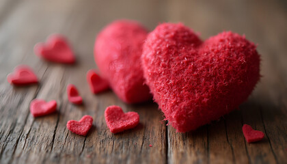 Obraz premium Valentines day background with two red hearts on wooden background