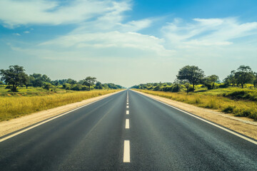 Fototapeta premium Asphalt road leading through beautiful open grassy landscape