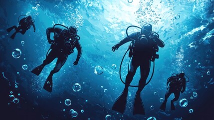 Silhouetted scuba divers exploring deep ocean