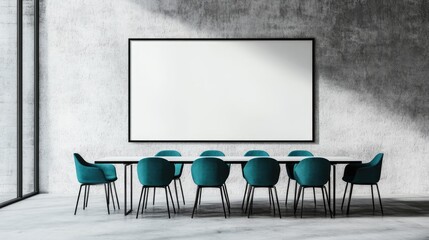 Empty conference room with teal chairs and a large blank whiteboard.
